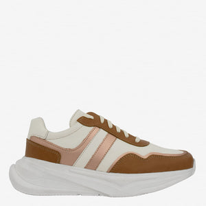 Tenis deportivos para mujer beige y blanco con cordones, detalles en marrón y suela gruesa