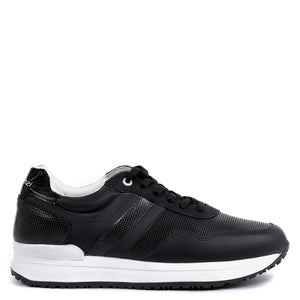 Tenis de mujer negros con agujetas y suela blanca, paneles texturizados y franjas laterales