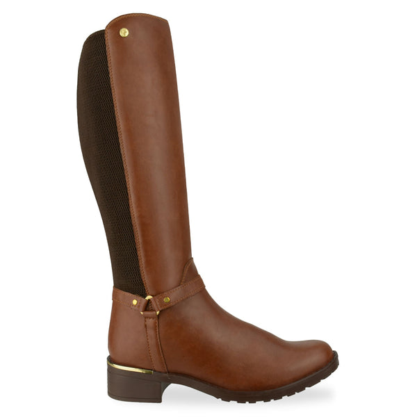 Botas altas color coñac con elástico lateral, correa con broches y tacón bloque