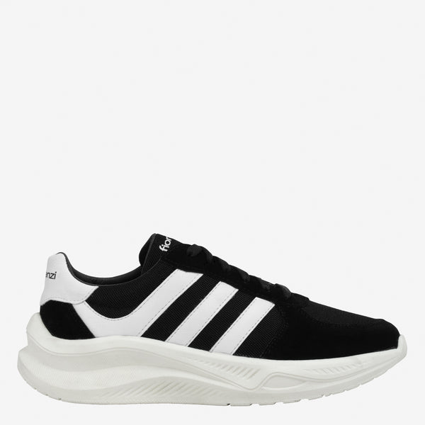 Tenis para hombre negros con 3 rayas blancas, agujetas negras y suela gruesa blanca