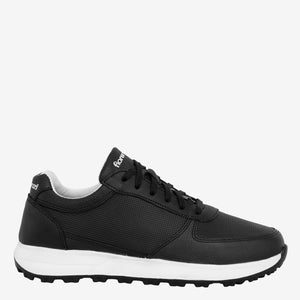 Tenis de cuero negro con borde texturizado y suela blanca